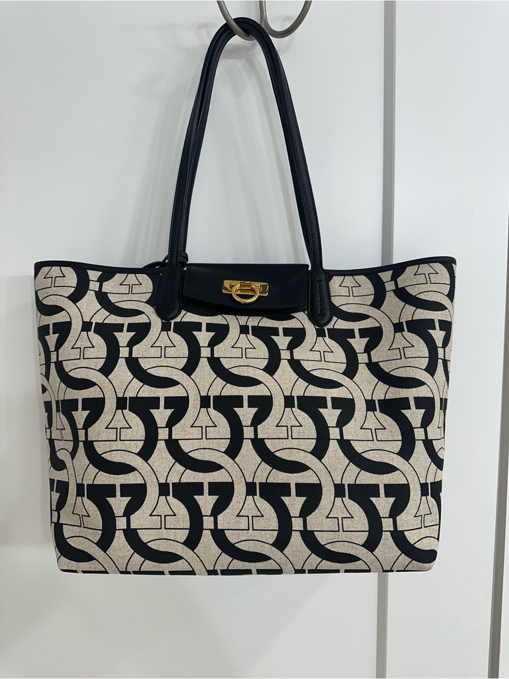 Salvatore Ferragamo Black & Beige Gancini Canvas Tote with Pouch - Picture 2 of 8